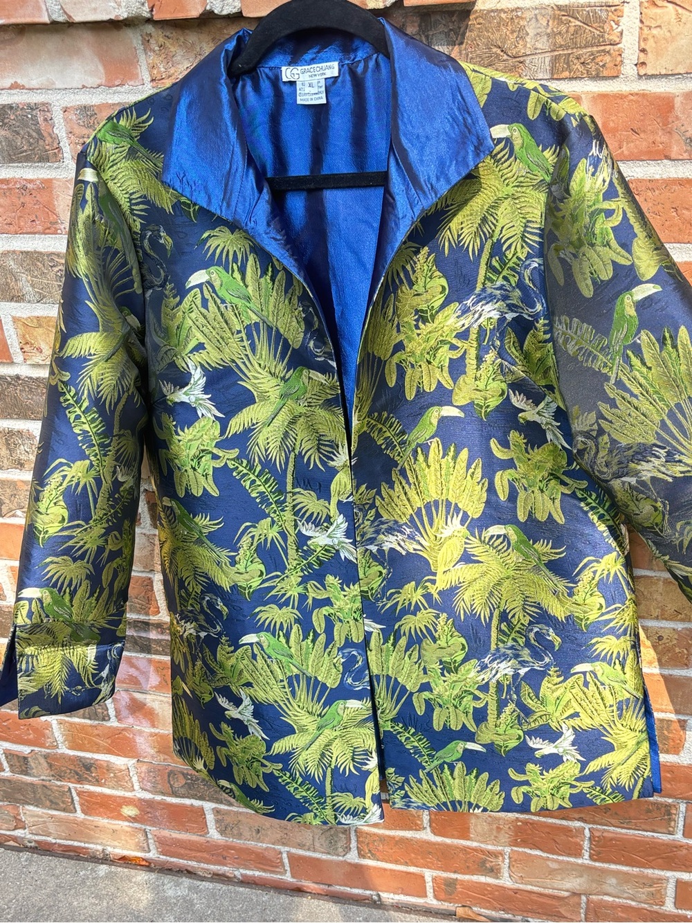 Grace Chuang Open Front Coat Tropical Birds, Fully Lined Statement piece SZ XL